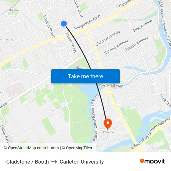 Gladstone / Booth to Carleton University map