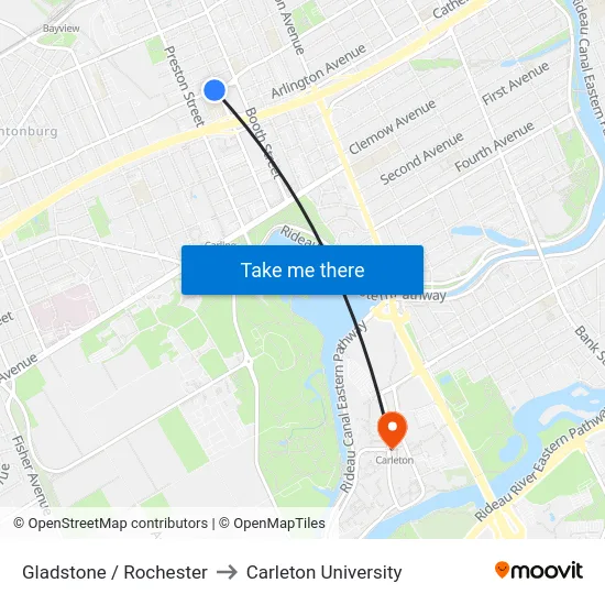 Gladstone / Rochester to Carleton University map