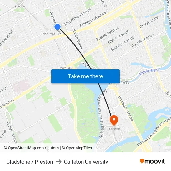 Gladstone / Preston to Carleton University map