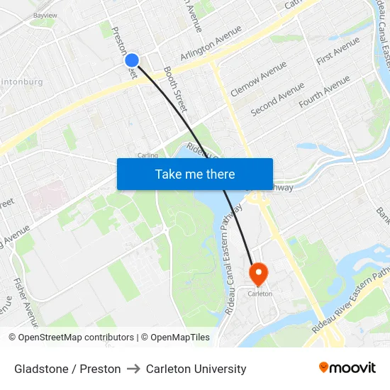 Gladstone / Preston to Carleton University map