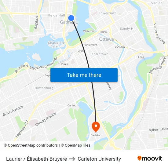 Laurier / Élisabeth-Bruyère to Carleton University map
