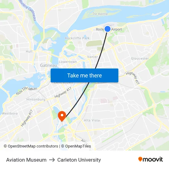 Aviation Museum to Carleton University map