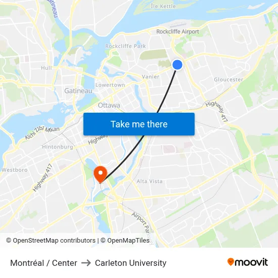 Montréal / Center to Carleton University map