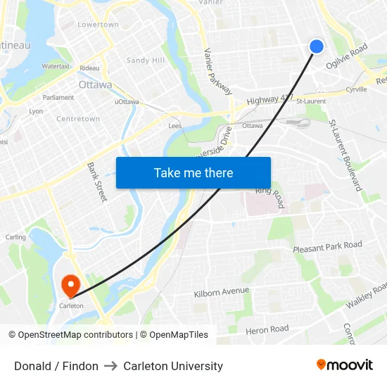 Donald / Findon to Carleton University map