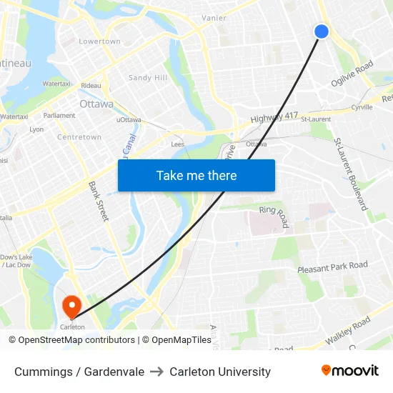 Cummings / Gardenvale to Carleton University map