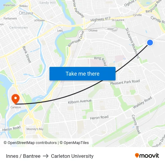 Innes / Bantree to Carleton University map
