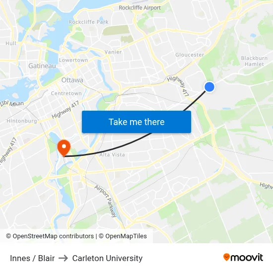 Innes / Blair to Carleton University map