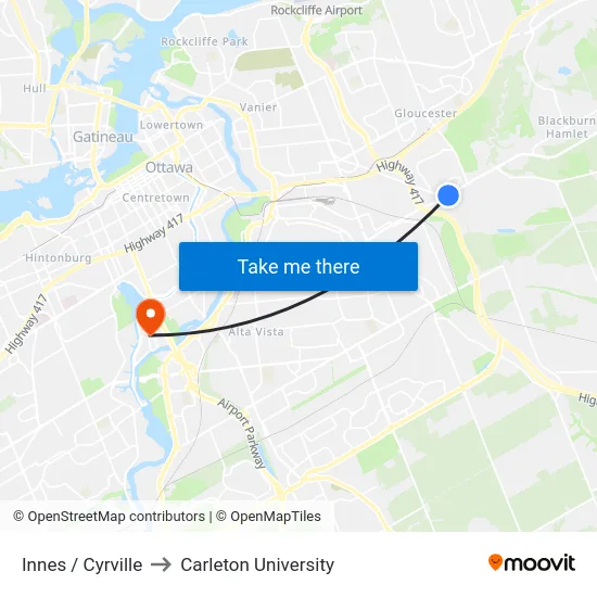 Innes / Cyrville to Carleton University map