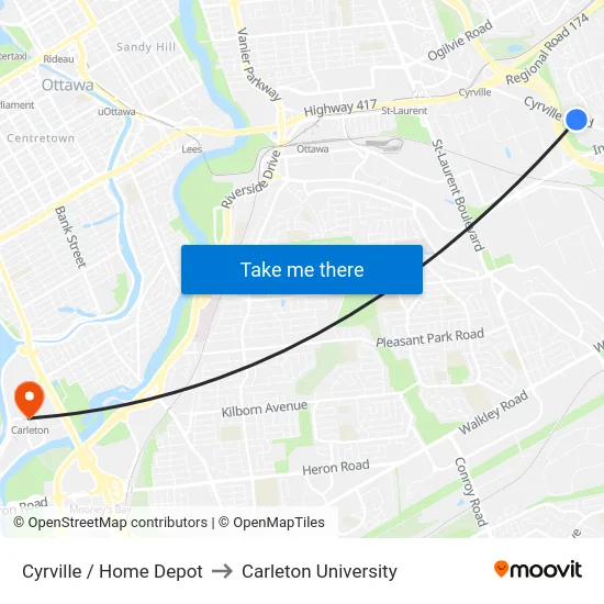 Cyrville / Home Depot to Carleton University map