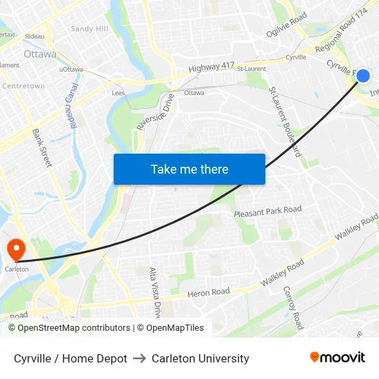 Cyrville / Home Depot to Carleton University map