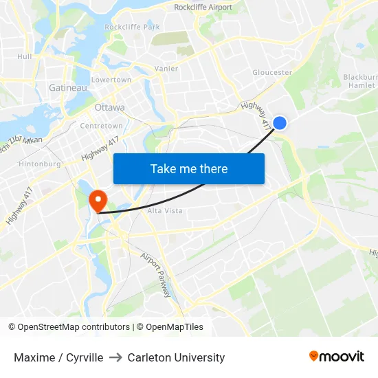 Maxime / Cyrville to Carleton University map