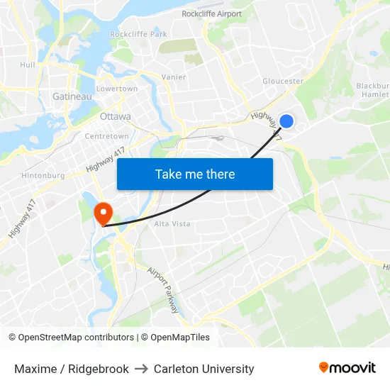 Maxime / Ridgebrook to Carleton University map