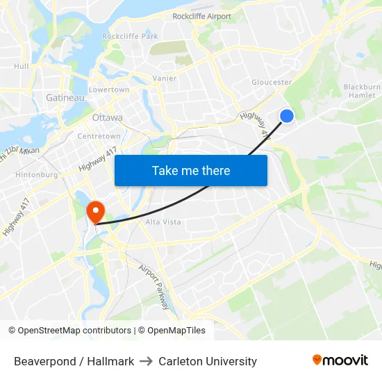 Beaverpond / Hallmark to Carleton University map