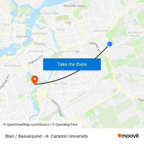 Blair / Beaverpond to Carleton University map