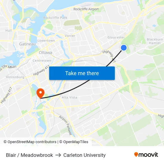 Blair / Meadowbrook to Carleton University map