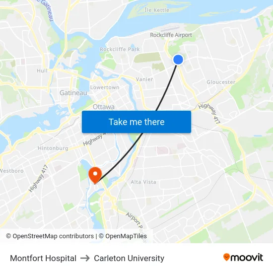 Montfort Hospital to Carleton University map