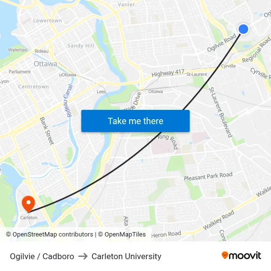 Ogilvie / Cadboro to Carleton University map
