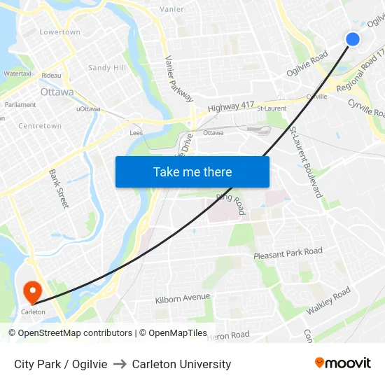 City Park / Ogilvie to Carleton University map