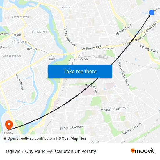 Ogilvie / City Park to Carleton University map