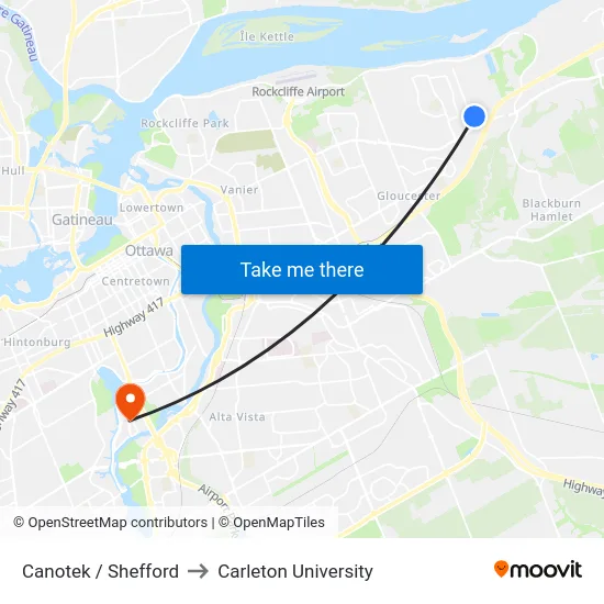 Canotek / Shefford to Carleton University map