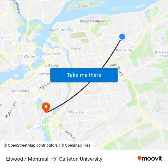 Elwood / Montréal to Carleton University map