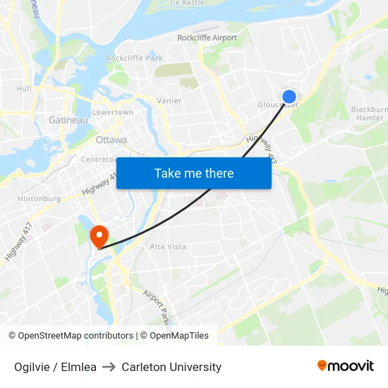 Ogilvie / Elmlea to Carleton University map