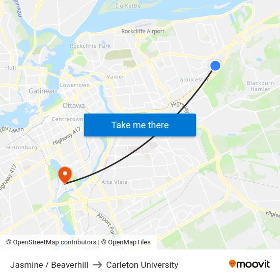 Jasmine / Beaverhill to Carleton University map