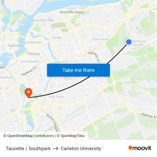 Tauvette / Southpark to Carleton University map