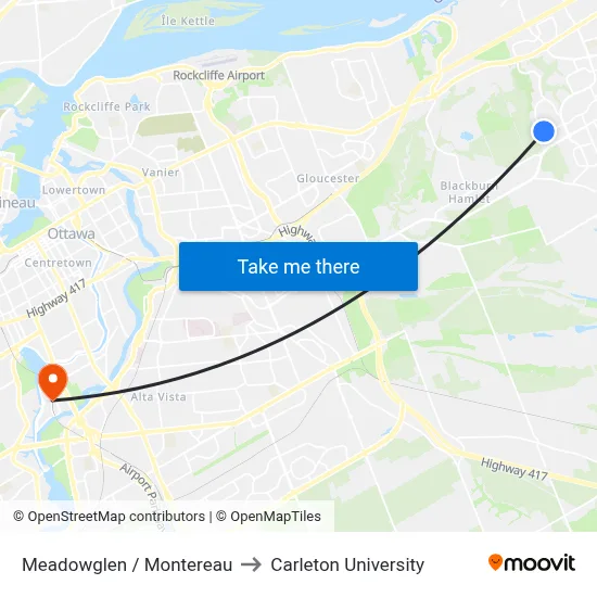 Meadowglen / Montereau to Carleton University map