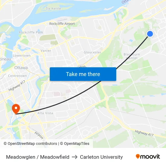 Meadowglen / Meadowfield to Carleton University map