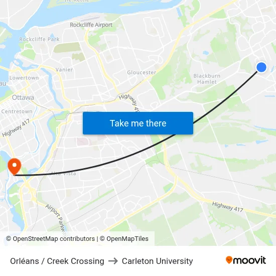 Orléans / Creek Crossing to Carleton University map