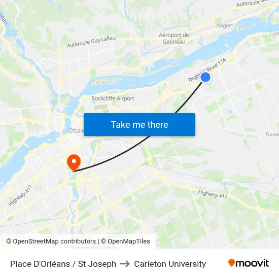 Place D'Orléans / St Joseph to Carleton University map