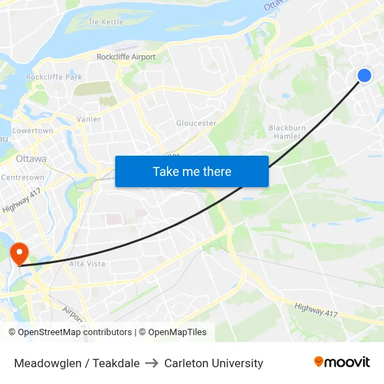 Meadowglen / Teakdale to Carleton University map
