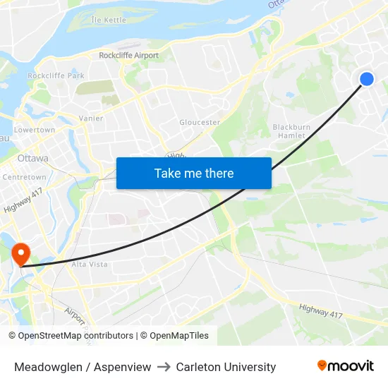 Meadowglen / Aspenview to Carleton University map