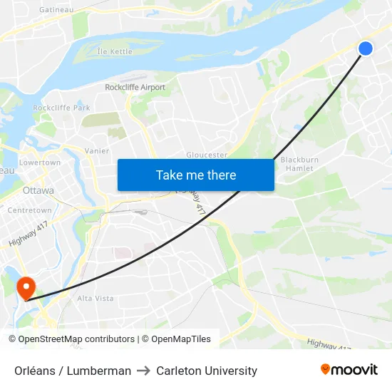 Orléans / Lumberman to Carleton University map
