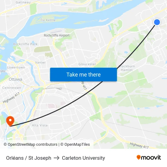 Orléans / St Joseph to Carleton University map