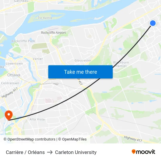 Carrière / Orléans to Carleton University map