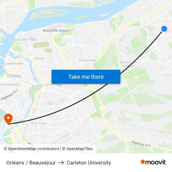Orléans / Beauséjour to Carleton University map