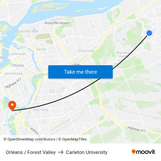 Orléans / Forest Valley to Carleton University map