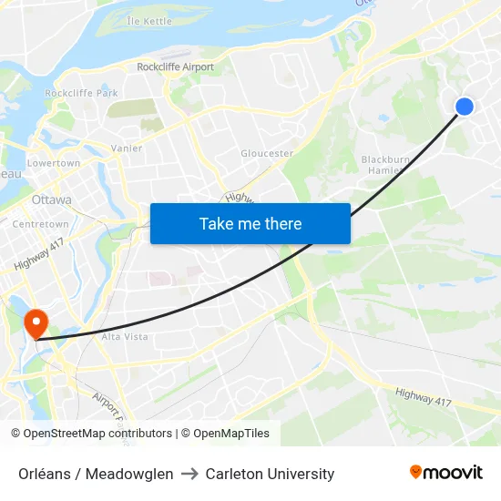 Orléans / Meadowglen to Carleton University map