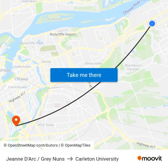 Jeanne D'Arc / Grey Nuns to Carleton University map