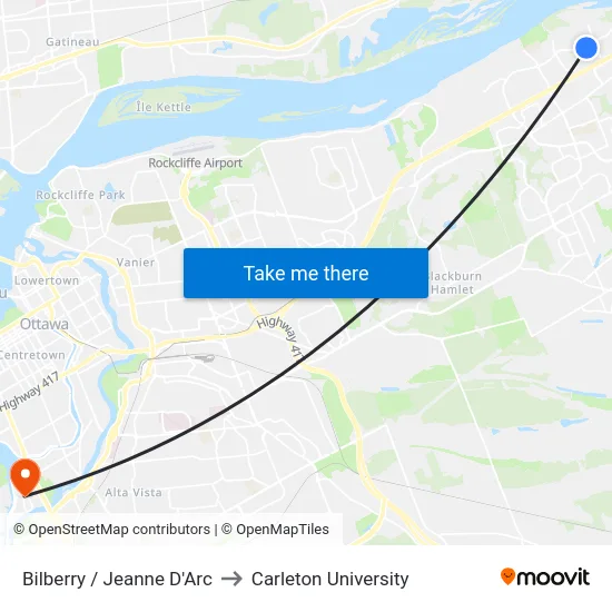 Bilberry / Jeanne D'Arc to Carleton University map