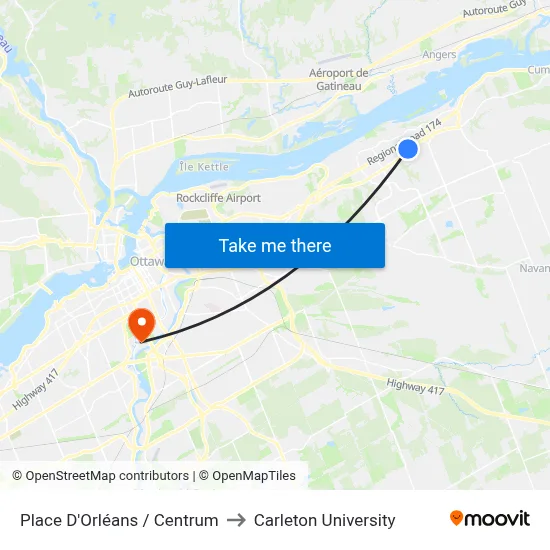 Place D'Orléans / Centrum to Carleton University map