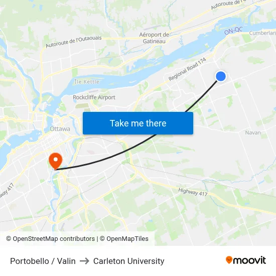 Portobello / Valin to Carleton University map