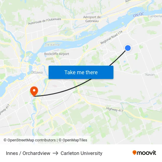 Innes / Orchardview to Carleton University map
