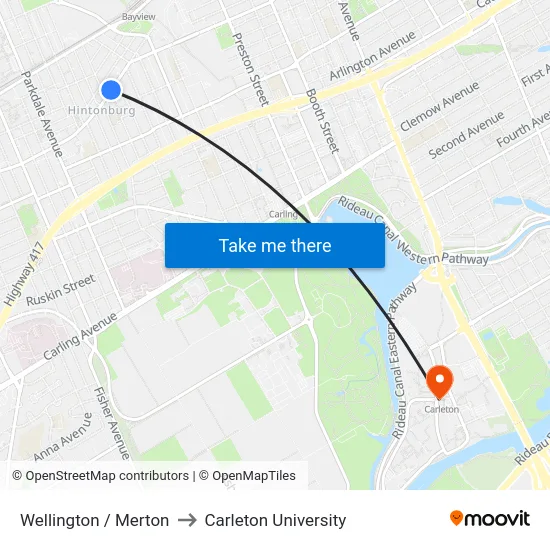 Wellington / Merton to Carleton University map
