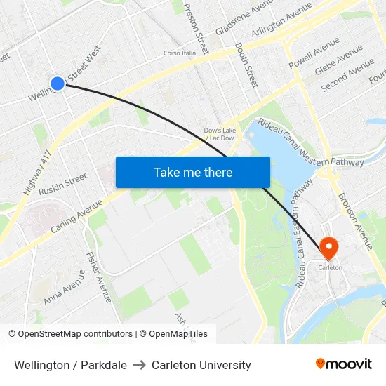 Wellington / Parkdale to Carleton University map