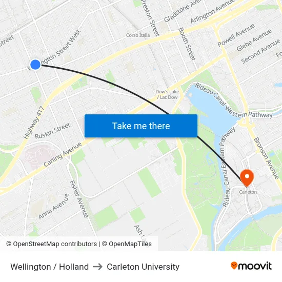 Wellington / Holland to Carleton University map