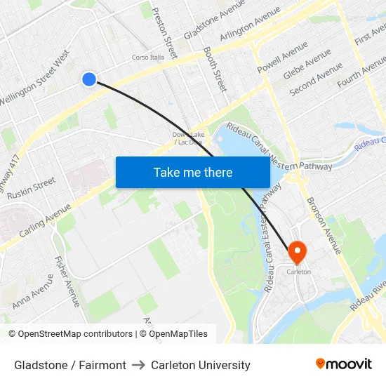 Gladstone / Fairmont to Carleton University map