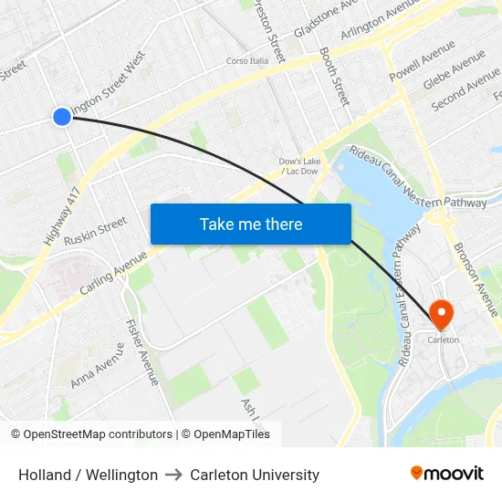 Holland / Wellington to Carleton University map